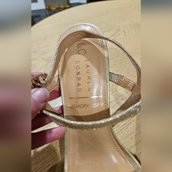 LC Lauren Conrad Hazelnuts Gold Shimmer Double Strap Stiletto Heels. Size - Picture 7 of 15